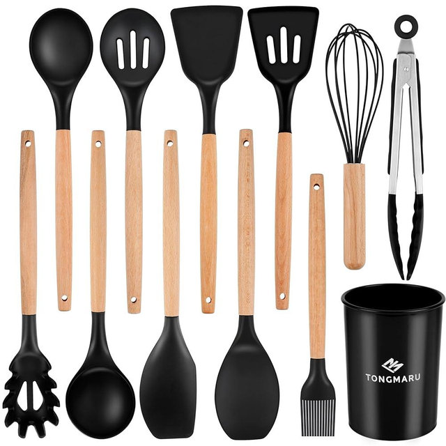 Silicone Cooking Utensils Set, Premium Beech Wood Handle Kitchen Gadgets Utensil Set, Non-Stick Kitchen Utensils Spatula, Tongs, Turner, Whisk, Brush, Spoon, BPA FREE, 446°F Resistant (Black)