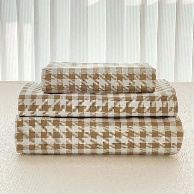 NSNLGSGC Tan Gingham Queen Sheet Set, Soft Brushed Microfiber Taupe Plaid Queen Bed Sheets, 4-Pieces Brown Grid Sheet Set with Deep Pocket