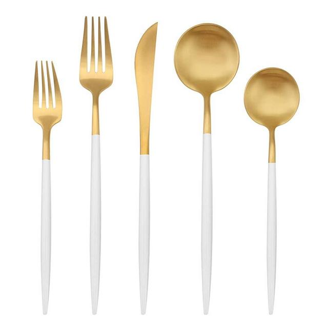 Matte Gold Silverware Set with white handle, Bysta 5-Piece Stainless Steel Flatware Set, Kitchen Utensil Set Service for 1, Tableware Cutlery Set for Home and Restaurant, Satin Finish, Dishwasher Safe
