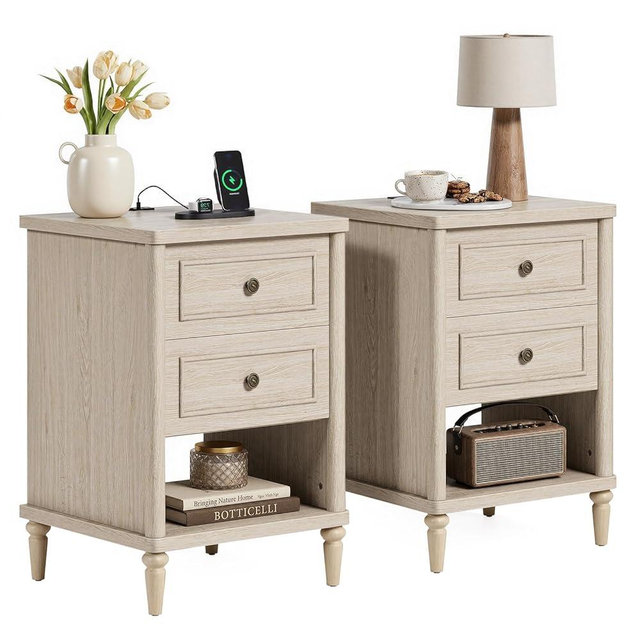 Bestier Night Stand Set of 2, 26.7" H Farmhouse Nightstand with Charger Station, Wood Bedside Table with 2 Drawers & Open Shelf, Small End Table with AC Outlets, USB & USB-C Ports for Bedroom, Oak