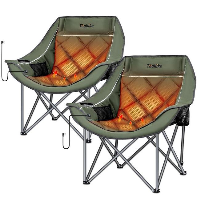 Heated Oversized Camping Chair for Adults Portable Folding Padded Chair with 3 Heat Levels Cup Holder Side Pocket and Carry Bag for Camping Outdoor Sports Picnic Green 2 Pack Set Supports up to 450lbs
