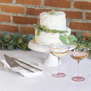 Personalized 4-Piece Blush Rose Gilded Rim Coupe Flutes and Serving Set