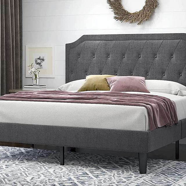 SHA CERLIN Upholstered King Size Bed Frame, Platform Bed with Curved Rhombic Button Tufted Headboard, Wood Slat Support, Easy Assembly, Dark Grey