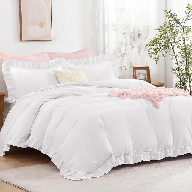 Andency White Ruffle Duvet Cover Queen(90x90Inch), 3 Pieces Soft Washed Microfiber Vintage Shabby Chic Farmhouse Ruffled Duvet Cover Set with Zipper Closure & Corner Ties
