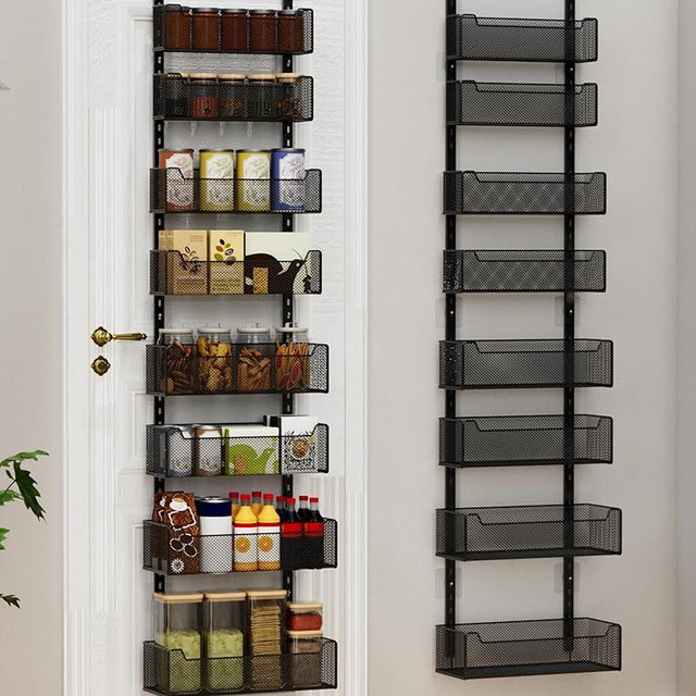 VyGrow Over the Door Organizer, 8-Tier Pantry Organizer with Fully Enclosed Mesh Baskets, Heavy-Duty Metal Hanging Spice Rack for Kitchen Bathroom Laundry Room, 2-in-1 Wall Mount or Door Mount, Black