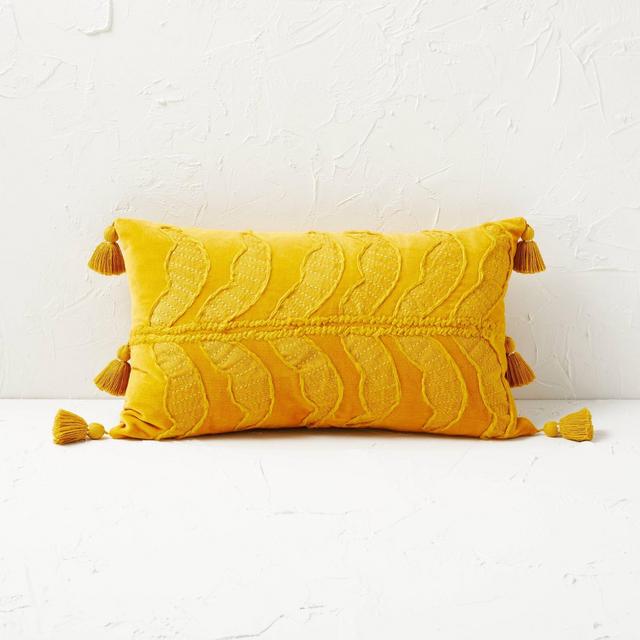 Paradise Leaf Embroidered Velvet Lumbar Throw Pillow Gold - Opalhouse™ designed with Jungalow™
