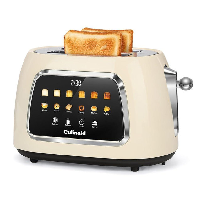 Culinaid Toaster 2 Slice Smart Touch Screen, Retro 1.5'' Extra Wide Slot Stainless Steel Digital Bread Toaster with Memory Function, Bagel, Defrost, 6 Browning Levels and Removable Crumb Tray, Cream