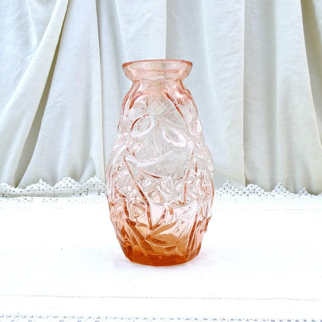 Vintage French Depression Glass Art Deco Vase, Retro Pink Pressed Molded Flower Arranging Accessory from France, 1930s Colorful Glassware