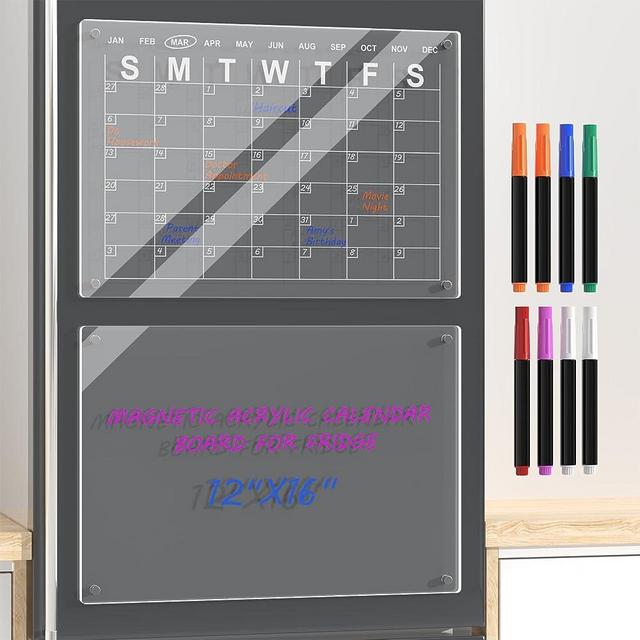 Polegas Magnetic Calendar for Fridge, 16"X12" Acrylic Dry Erase Board and Calendar for Refrigerator, Clear Erasable Magnet Monthly Calendar Memo Board with 8 Markers