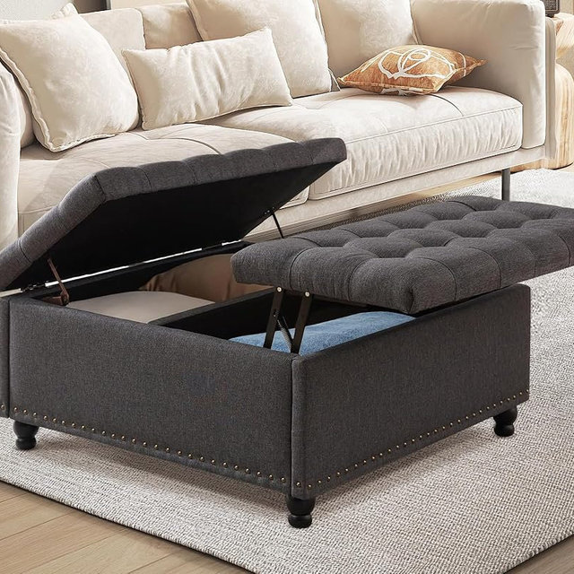 UTOASIS 36" Large Square Ottoman with Storage, Tufted Upholstered Storage Ottoman with Lift Top & Solid Legs for Bedroom Room, Extra Large Coffee Tables Bench for Living Room as Footstool (Grey)