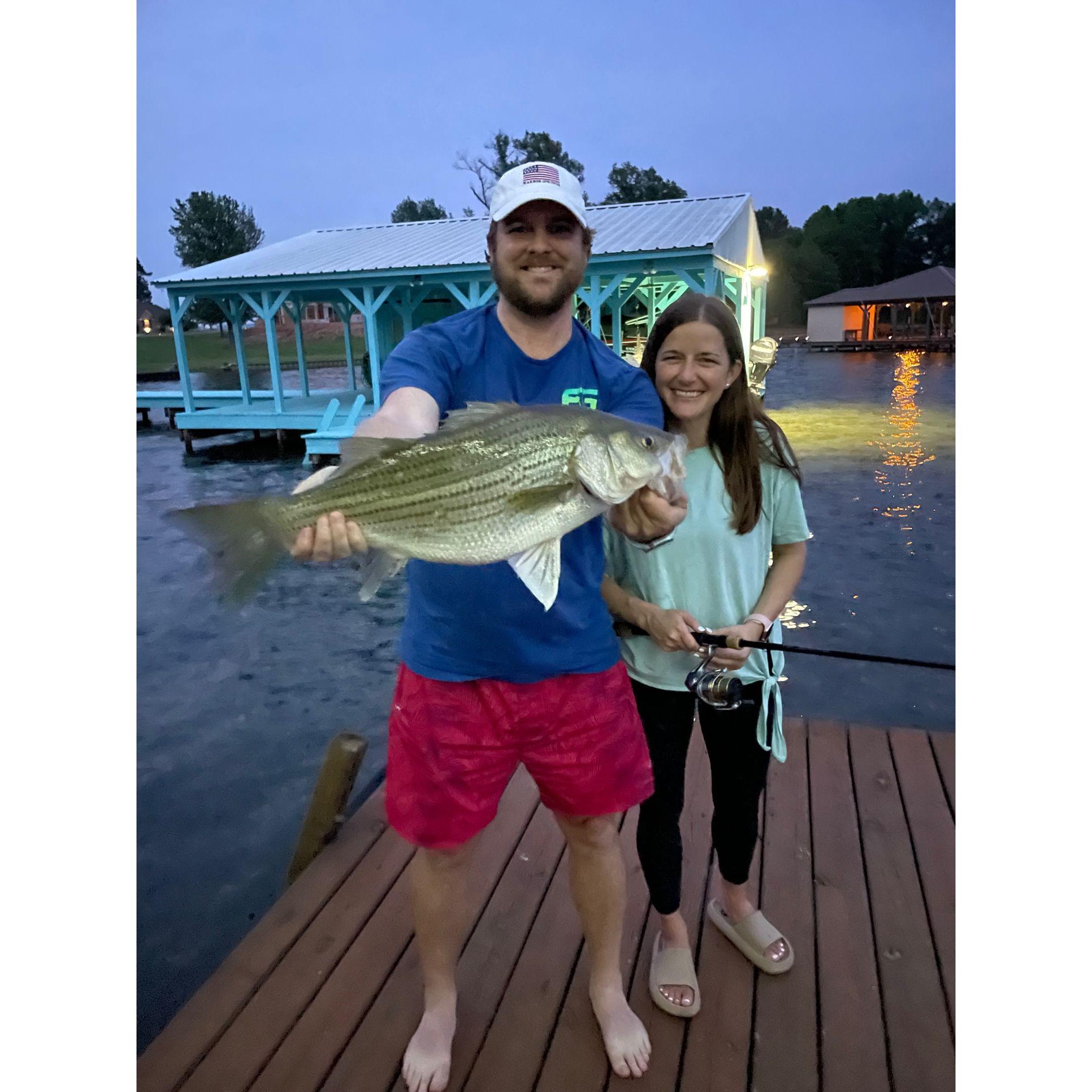Megan teaching Chris how to fish (Thank you Big Bob and Trey!) - Lake Palestine, TX