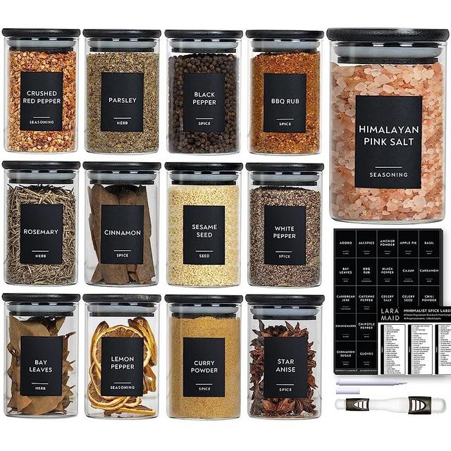 Laramaid 9oz 12Pack Spice Jars with Black Vinyl Spice Labels, Round Jars with Black Bamboo Lids, Minimalist Premium Labels, Adjustable Measuring Spoon and White Pen, Storage Container Canisters