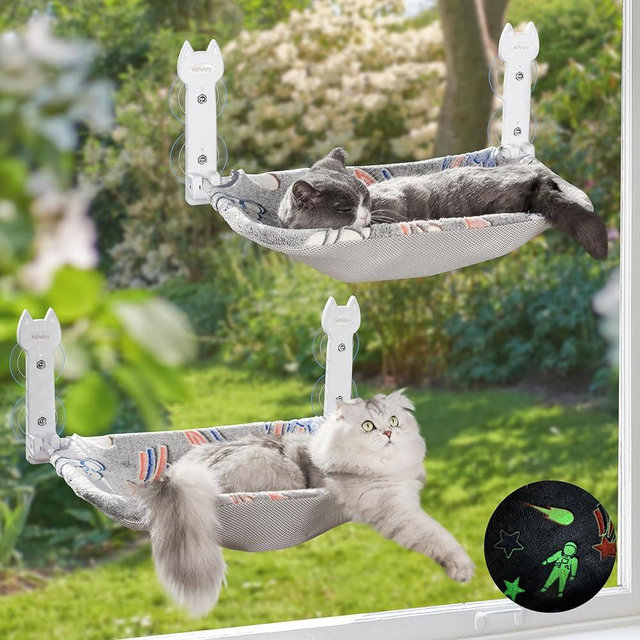 HiPetpy 2 Pack Cat Window Perch, Glow in The Dark Foldable Cat Hammock with Sunken Design & Removable Soft Cover, Breathable Cordless Window Bed for Resting Indoor Kitten (Grey, 2 Pack - L)