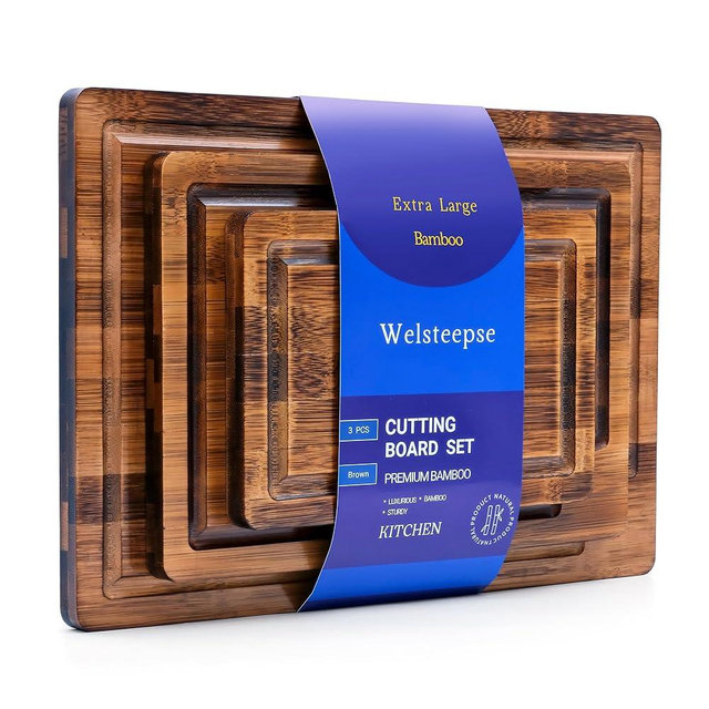 welsteepse Bamboo Cutting Boards, (Set of 3) with Juice Groove, Bamboo Wood Cutting Board Set for meat, fruit and cheese