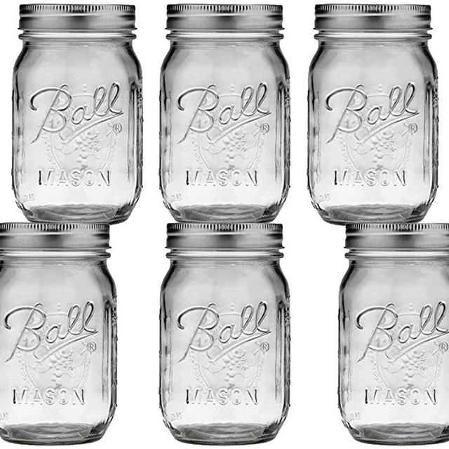 Regular Mouth Mason Jars 16 oz - (6 Pack) - Ball Regular Mouth Pint 16-Ounces Mason Jars With Airtight lids and Bands - For Canning, Fermenting, Pickling, Freezing, Storage + M.E.M Rubber Jar Opener Included