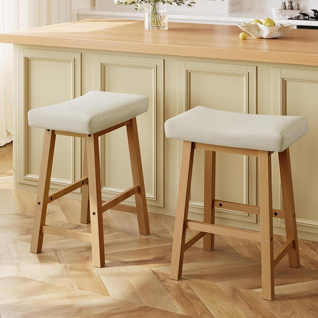 Yaheetech 24 Inch Counter Height Bar Stools Set of 2, Backless Saddle Stool Chair for Kitchen Counter Island with Footrests for Dining Room Small Space, Beige