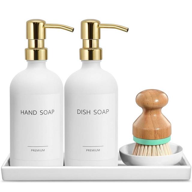 GMISUN Kitchen Soap Dispenser, 16 Oz Kitchen Dish Soap Dispenser Set with Ceramic Tray & Bamboo Brush, 2Pcs Farmhouse Dish Soap Dispenser for Kitchen, Modern White Glass Liquid Hand Soap Dispenser