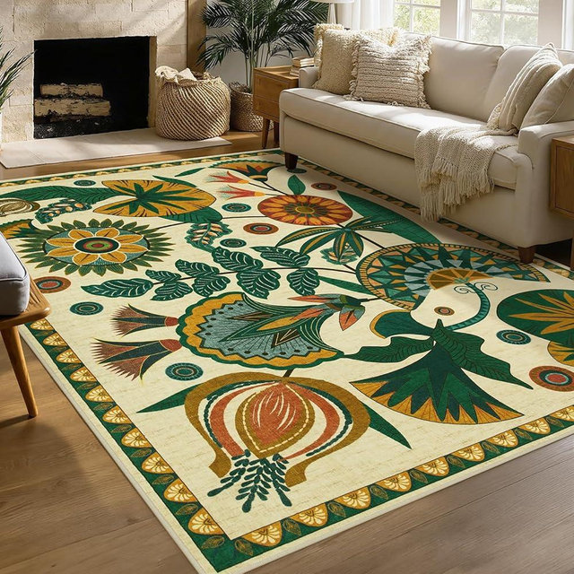 Joydeco Egypt Floral Boho 8x10 Area Rugs for Bedroom Aesthetic, Washable Vintage Living Dining Room Rug Non Slip, Beige Large Indoor Throw Carpet for Playroom Nursery Dorm Classroom