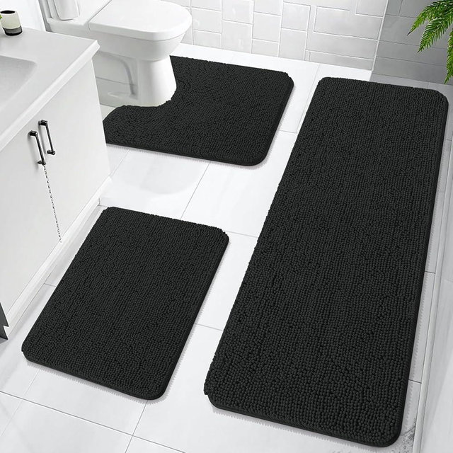 OLANLY Bathroom Rugs Sets 3 Piece, Soft Absorbent Chenille Bath Mats and U-Shaped Contour Toilet Rug, Quick Dry, Home Decor Accessories, Bath Mat Set for Bathroom (59"x20"+24"x16"+24"x20", Black)