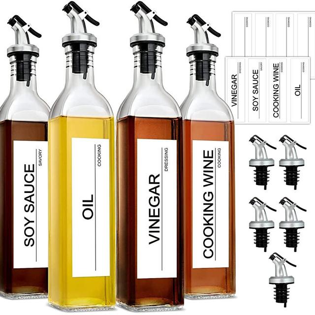 GMISUN Oil Dispenser Bottle 4 Pack 17oz, Olive Oil Bottle Dispenser, Oil And Vinegar Dispenser Bottles Set For Kitchen, Glass Cooking Oil Container Cruet, Oil Pourer Spout, Funnel And Labels, Clear