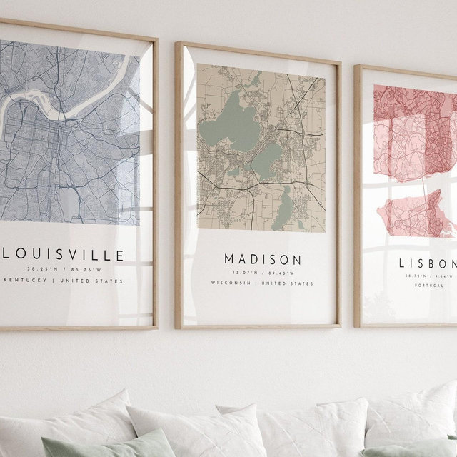Personalized Map Print, Set of Three, Map Prints, Custom Locations, Your Choice, Anniversary, Custom Map, Home Town Map, City Map