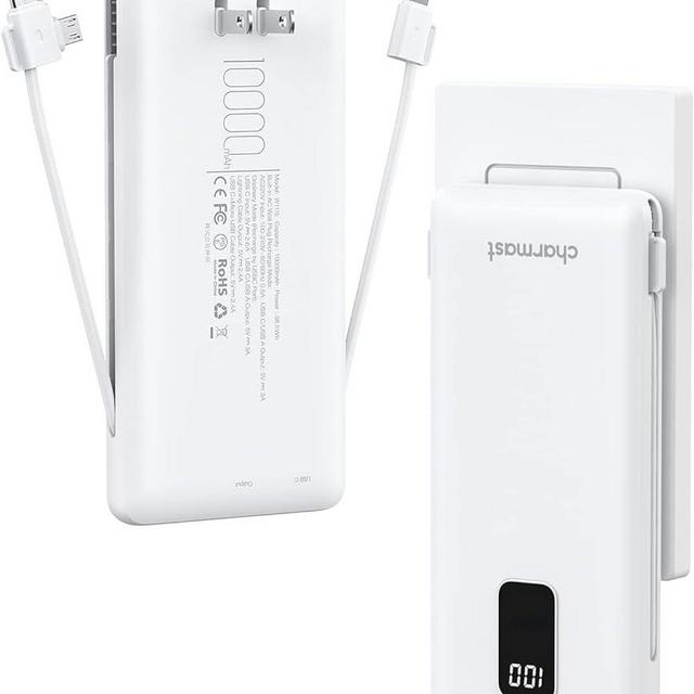 Charmast Portable Charger with Built-in Cables and AC Wall Plug, 10000mAh Compact Slim Power Bank, External Battery Pack, Travel Essentials Compatible with iPhone, Samsung, iPad, All Cellphones