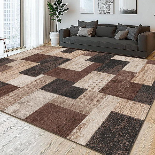 QDUIDU Modern Geometric Patchwork Indoor Area Rug for Living Room, Chocolate 9'x 12' Large Rug Rockwood Collection Hardwood Floors Decor for Bedroom, Brown Throw Carpet for Office Entryway Dining Room