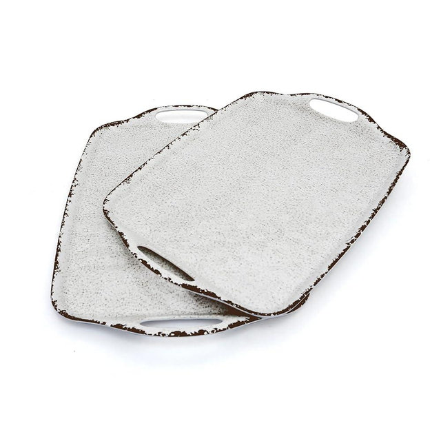 TP Serving Trays with Handles, 17 x 12 Inch Melamine Serving Platters for Food, Meat, Set of 2 Rectangular Trays for Eating, Rustic White