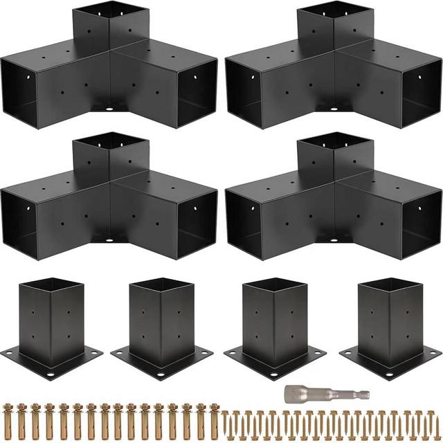 Grehitk Pergola Kit with Brackets 3-Way Right Angle Corner Bracket Woodworks DIY Post Base Kit, Wooden Beams for Gazebos, Patio Pergolas, Log Cabin Outdoor Pergola Hardware for 4x4 Lumber