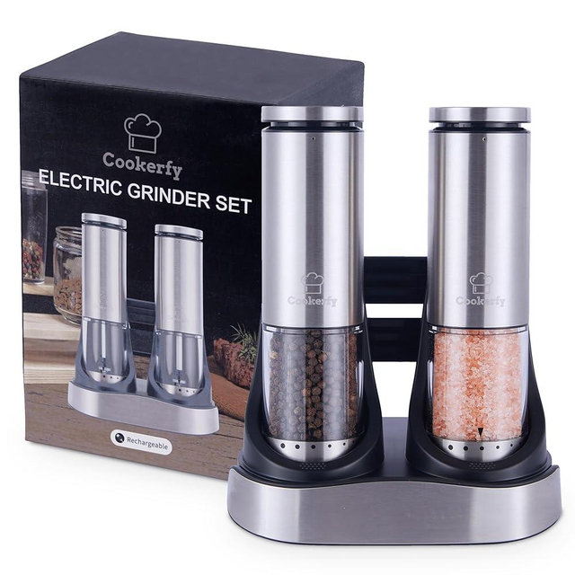 Electric Salt and Pepper Grinder Set Rechargeable Base, Stainless Steel Automatic Electric Salt and Pepper Shakers Set, Led Light, 95ml Capacity Refillable, 6 Coarseness Levels. Kitchen Accessories