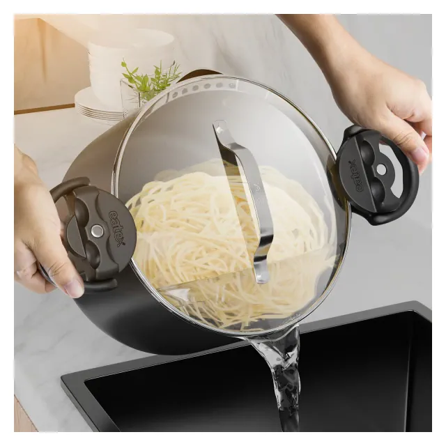 JoyTable Pasta Pot with Strainer Lid - 5 Quart Nonstick Ceramic Stainless Steel Pot with Twist & Lock Handles - Black