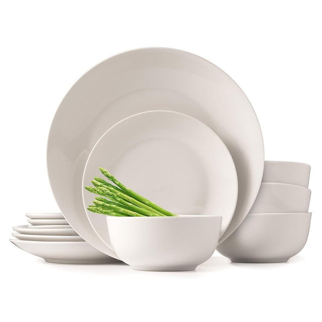 Lefonte Dinnerware Sets, Fine Porcelain Dinnerware Sets, Plates and Bowls Sets, Dishes, 12-Piece Service for 4, Soft White