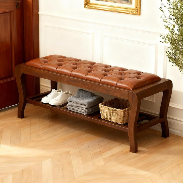 Cozyman Bedroom Bench, 49" End of Bed Bench with Shelf, PU Leather Upholstered Entryway Bench with Wooden Legs, Storage Ottoman Bench for Bedroom, Entryway, Living Room, Caramel