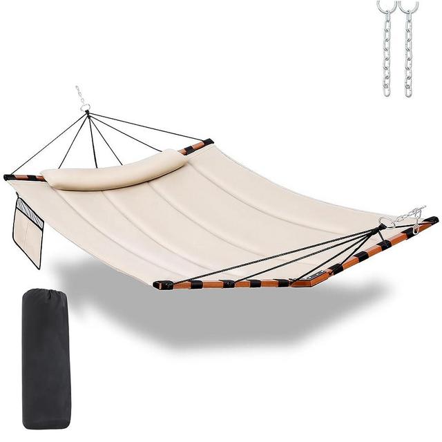 TegerDeger 12FT 2 Person Hammock Large Hammock 450LB Capacity with V Shaped Hardwood Spreader Bar & Nylon Rope for Outside, Patio, Garden, Backyard, Beach, Poolside - Beige