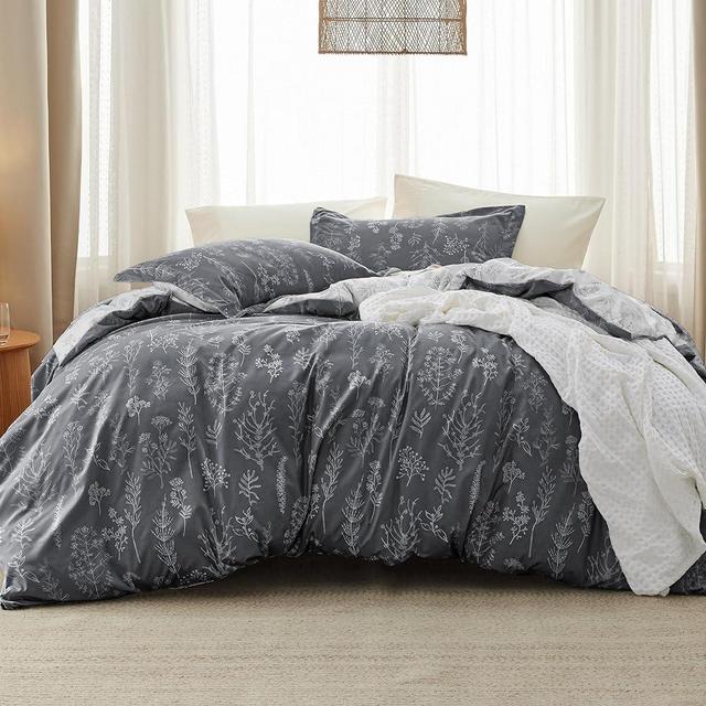Bedsure Queen Comforter Set - Dark Grey Comforter, Cute Floral Bedding Comforter Sets, 3 Pieces, 1 Soft Reversible Botanical Flowers Comforter and 2 Pillow Shams