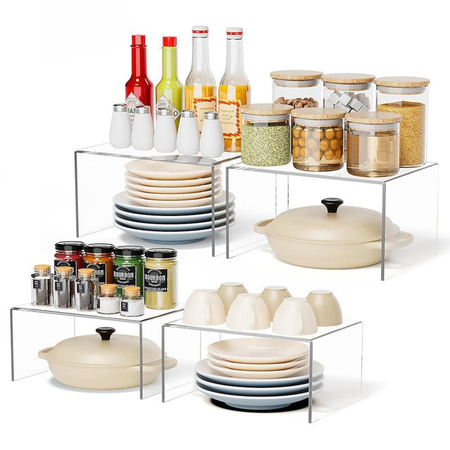 Yakaly Acrylic Cabinet Shelf Riser Set of 4, Heavy-Duty Kitchen Organizers with Non-Slip Pads, Clear Countertop Spice Shelves for Pantry Storage & Cabinet Decor