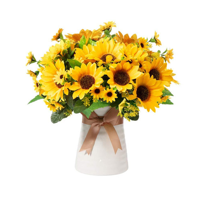 Artificial Flowers in Ceramics Vase, Silk Flower Arrangements, Faux Sunflowers Bouquets with Vase for Desktop Decoration (Ripple Ceramic Sunflower)