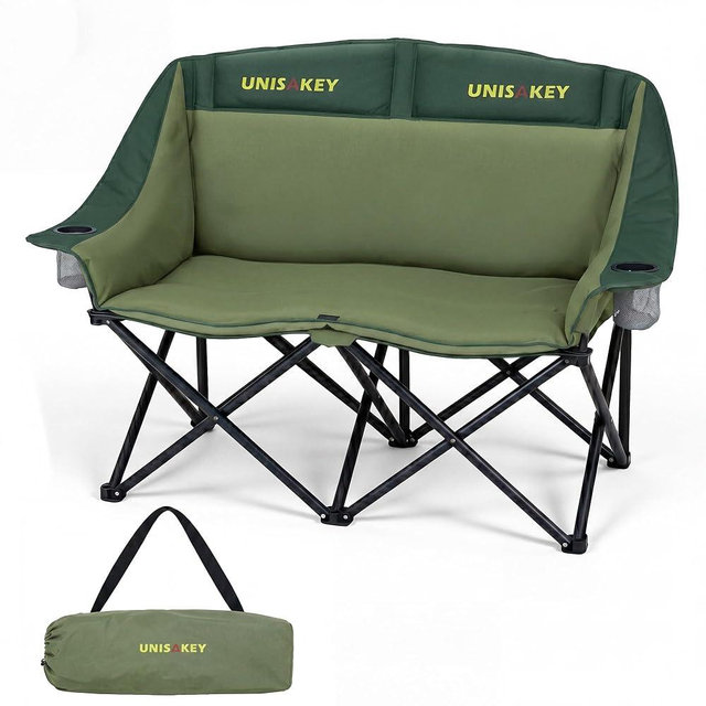 Unisakey Double Camping Chair, Oversized Padded Loveseat, Heavy Duty 650LBS Folding Chair with Cup Holders & Carry Bag, 600D Oxford Portable Outdoor Chair for Hiking/Backyard/Sports/Fishing, Green