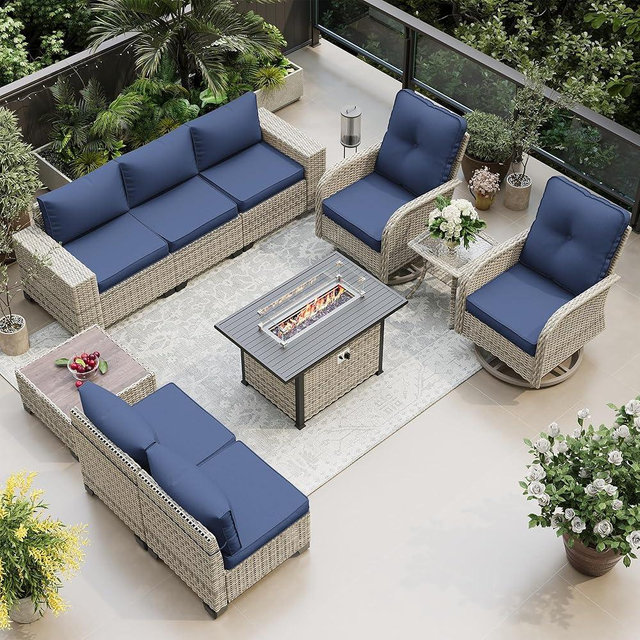 Muphyers 10-Piece Outdoor Patio Furniture Set with Rocking Swivel Chair, PE Wicker Rattan Sectional Sofa Patio Conversation Set with 55,000 BTU Fire Pit Table & Coffee Table, Navy Blue