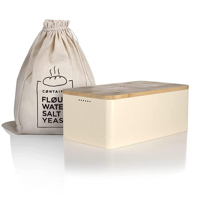 LARS NYSØM Bread Box I Metal bread box with linen bread bag for long lasting freshness I Bread box with bamboo lid usable as cutting board I 13.4x7.3x5.3In