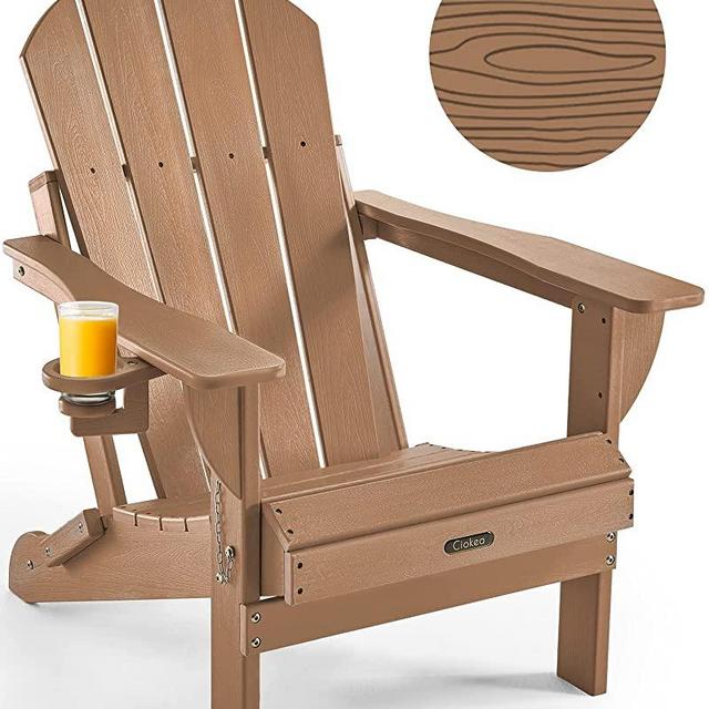 Ciokea Folding Adirondack Chair Wood Texture, Patio Adirondack Chair Weather Resistant, Plastic Fire Pit Chair with Cup Holder, Lawn Chair for Outdoor Porch Garden Backyard Deck (Teak)