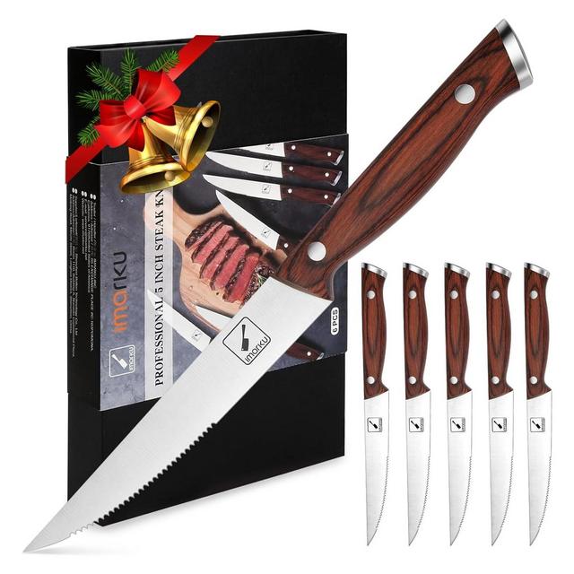 imarku Steak Knives, Serrated Steak knives Set of 6, Japanese HC Steel Knife Set, Premium Serrated Carbon Stainless Steel 9 Inches Steak Knife, Silver