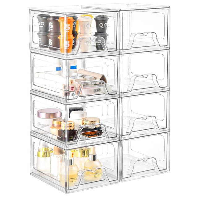 Stebopum 8 Pack Stackable Makeup Organizer, 4.4'' Tall Acrylic Bathroom Makeup Organizer and Storage Drawer with Pull-out Handle, Clear Plastic Storage Bins for Vanity,Pantry,Desk,Undersink,Kitchen