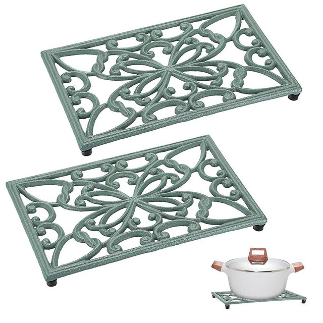 Sumnacon Cast Iron Trivet 2 Pack Rectangle Iron Trivets for Hot Dishes Pots Pans Plates Teapots,10x 6 Inch Metal Trivets for Kitchen Dining Table Cooktop Heat Resistant Trivet with Rubber Feet,Green