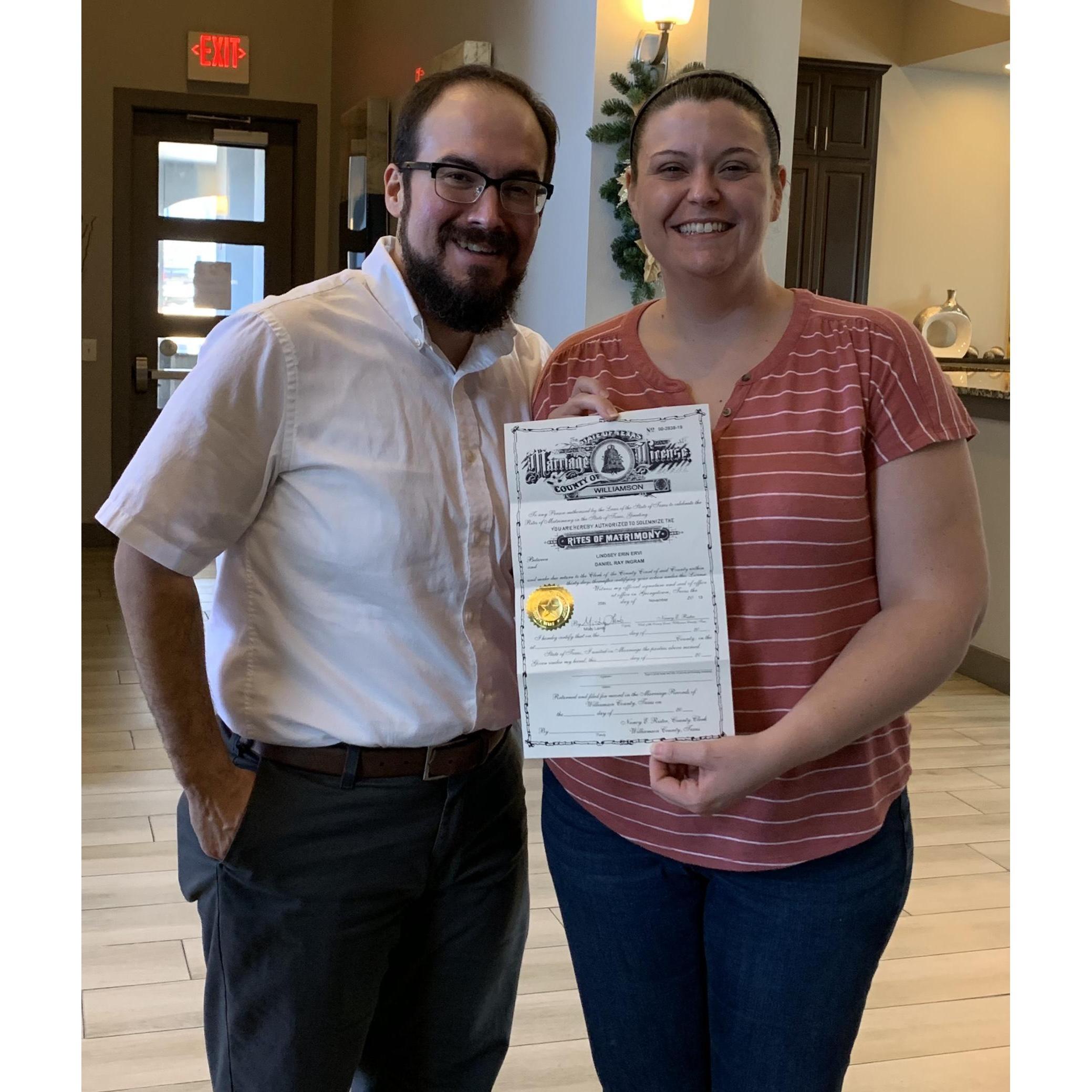 Danny and Lindsey with their marriage license on November 25, 2019