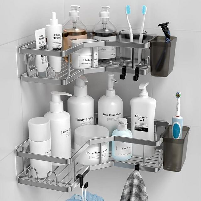 Corner Shower Caddy Bathroom Organizer: 2 Pack Adhesive Shower Shelf Decor- No Drilling Stainless Steel Shower Storage Rack with Hooks and Toothpaste Holder - Bathroom Accessories Shower Stuff