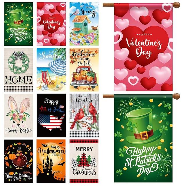 Mixweer 12 Pack 28 x 40" Large Seasonal Garden Flags Christmas Yard Flags Holiday Festive Outdoor Flags Polyester Double Sided Seasonal Lawn Flags Set for Christmas Holiday Outside Decoration