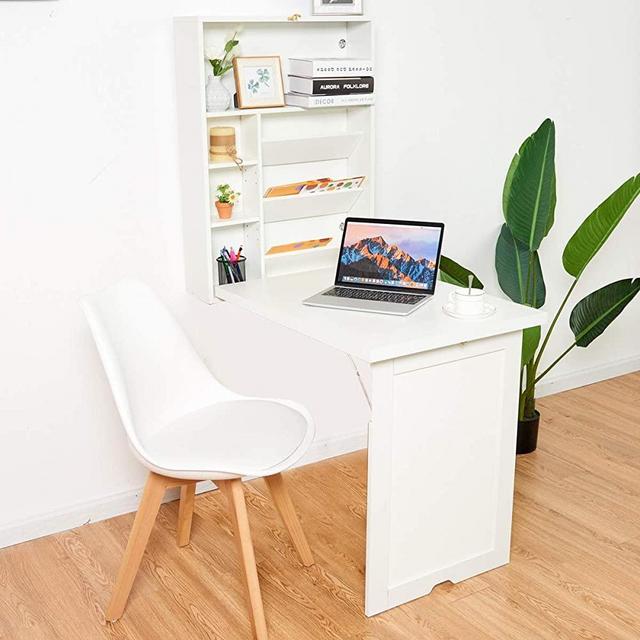 TANGKULA Wall Mounted Table, Fold Out Multi-Function Computer Desk, Convertible Floating Desk, Home Office Wood Wall Desk with Storage Area (White)