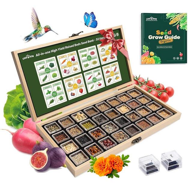 Lush&Dew Raised Garden Bed Heirloom Seed Bank, 32 Varieties 30,000+ Non-GMO Seeds for Planting Vegetables Herbs Fruits Year-Round, Gardening Gifts for Women Men, Survival Seed Kit for Food Suppies