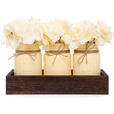 Mkono Mason Jar Centerpiece Decorative Wood Tray with 3 Painted Mason Jars Artificial Flowers Rustic Country Farmhouse Fall Home Decor for Coffee Table Dining Room Living Room Kitchen Utensils Holder